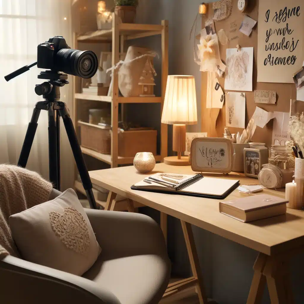 A cozy and inviting workspace with a journal, a dream board, and a camera set up for self-video recording self-inquiry self awareness