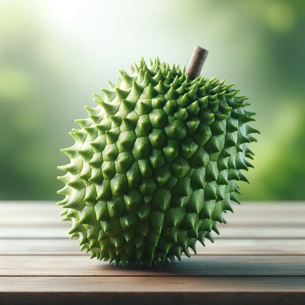 A high-quality, photo-realistic image of a fresh soursop fruit