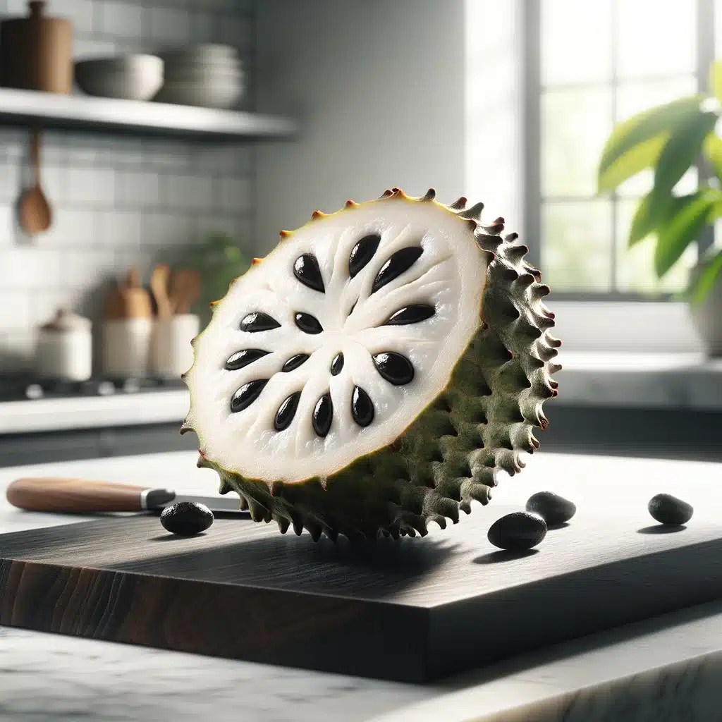 A high-quality, photo-realistic image of a soursop fruit cut open to reveal its white, creamy pulp and black seeds