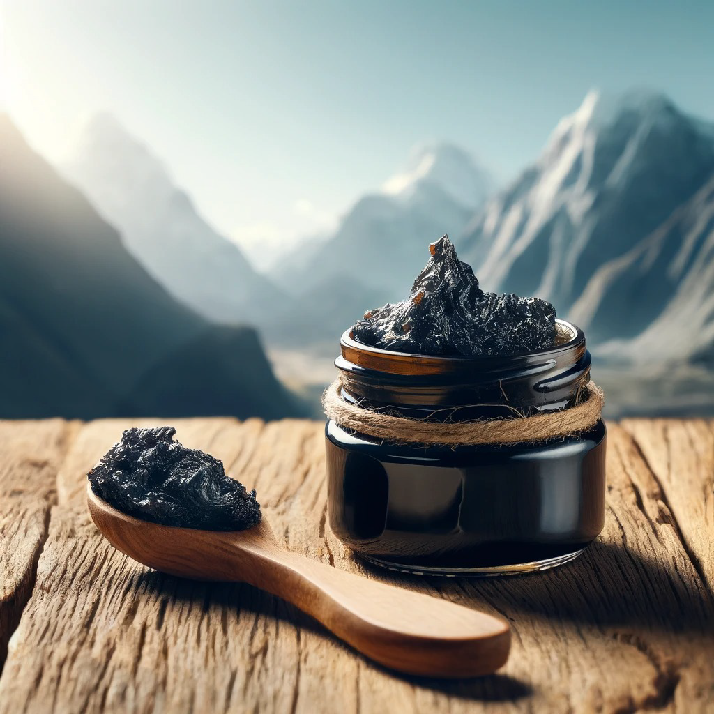 A jar of Shilajit resin with a small wooden spoon, showcasing its sticky, tar-like texture detox health ayurveda