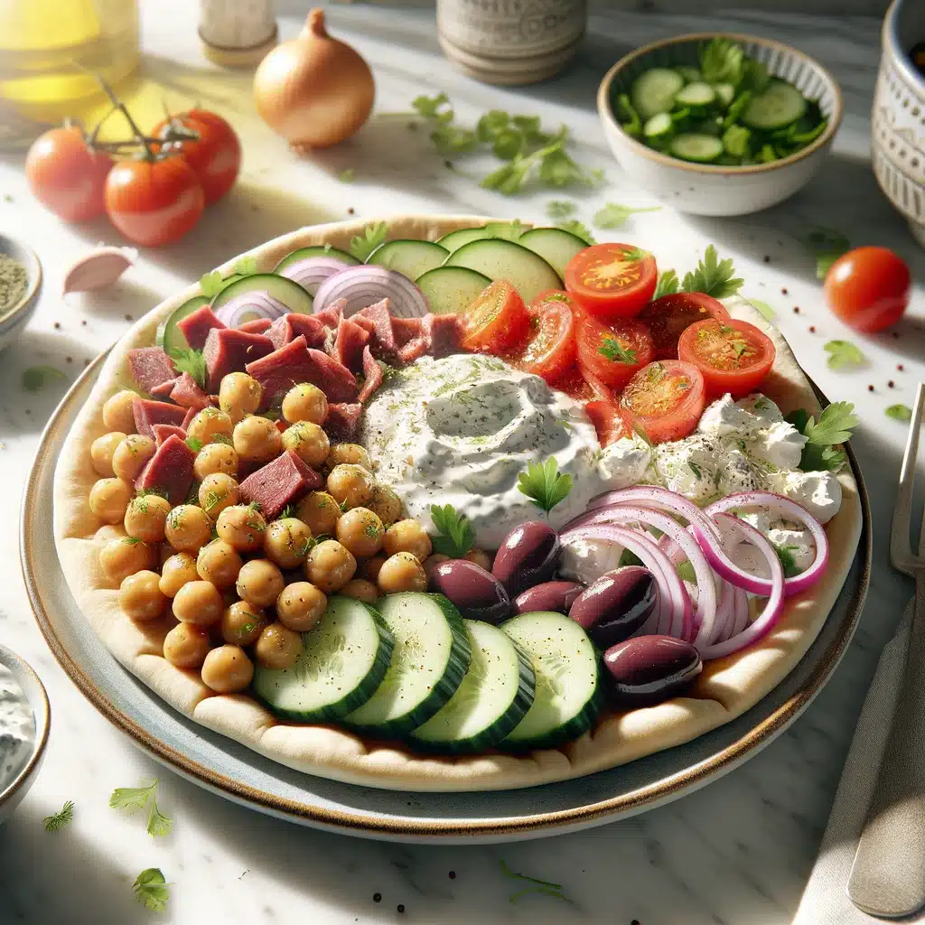 Greek gyro plate without pita and meat, includes cooked chickpeas, diced cucumber, cherry tomatoes