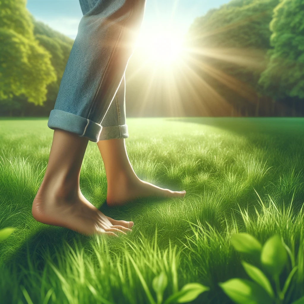 Grounding. Earthing. Electro-magnetic Body Health. walking barefoot on a lush, green grass field, symbolizing the concept of grounding or earthing