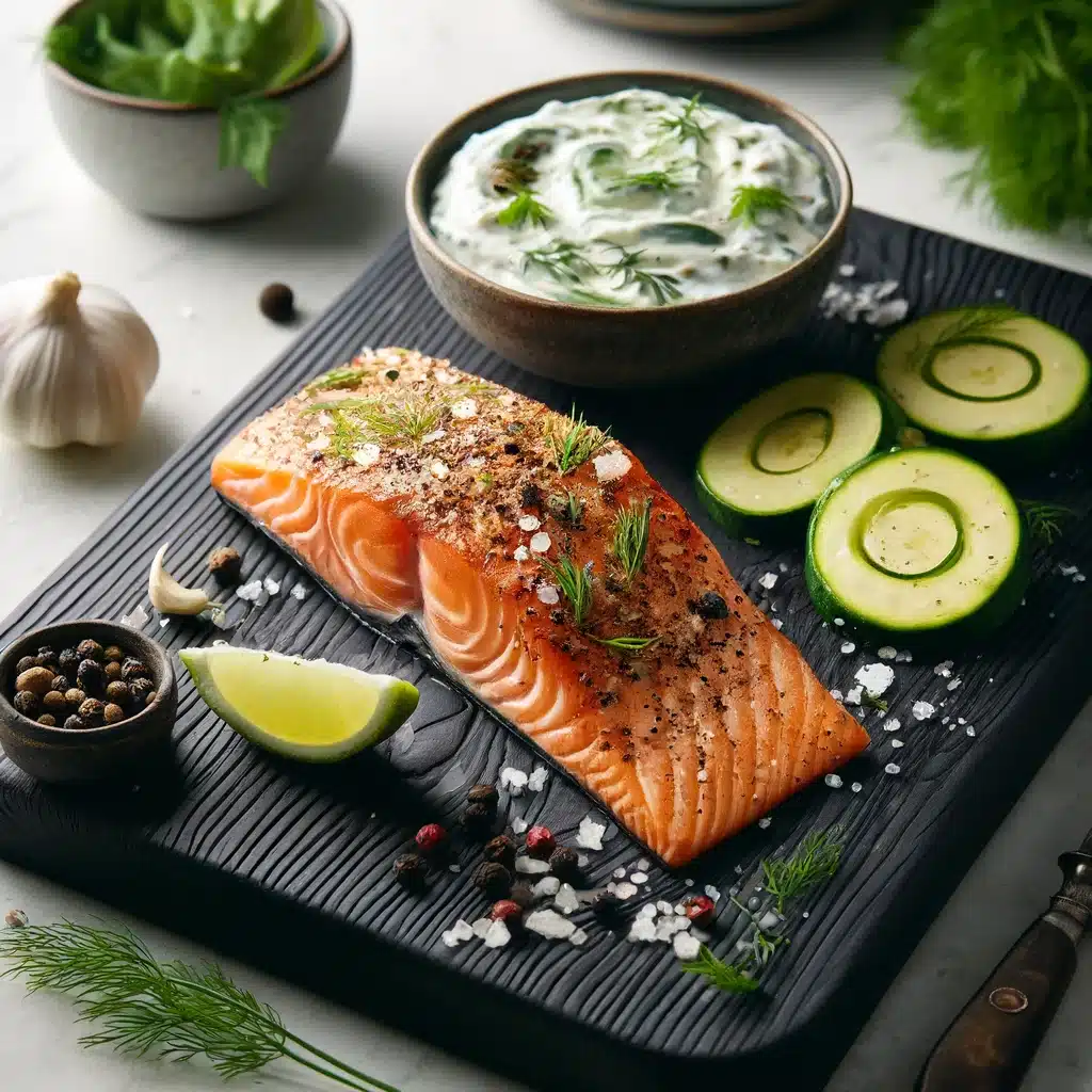 Healthy Recipe. Baked salmon fillets seasoned with Celtic salt, lime leaf, black garlic, and black pepper