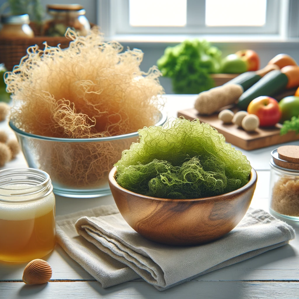 Irish Sea Moss. The image shows dried sea moss in a bowl, fresh sea moss soaking in water, and a jar of sea moss