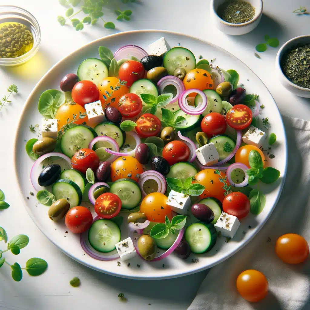 A Greek salad is a classic dish known for its fresh ingredients and bold flavors. To elevate this dish to a Michelin-star level, we will incorporate unique Mediterranean ingredients like caper leaves and purslane