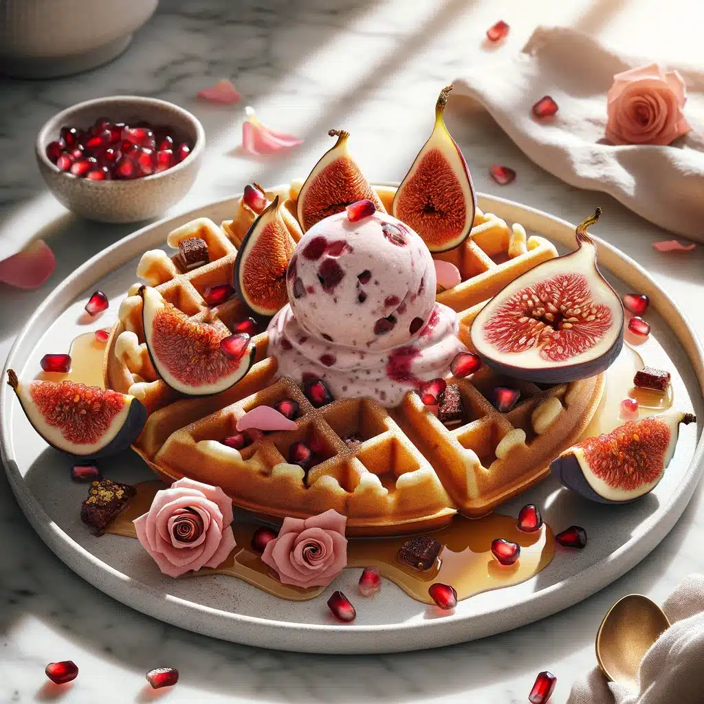 Rose petal and fresh fig Belgian Waffles with Pomegranate-Cacao Frozen Yogurt Healthy Recipe