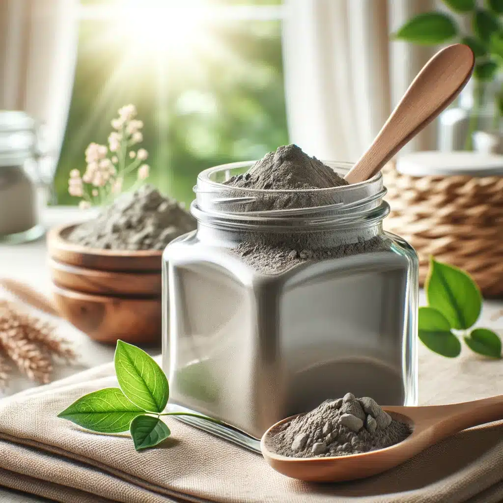 a jar of bentonite clay powder with a wooden spoon