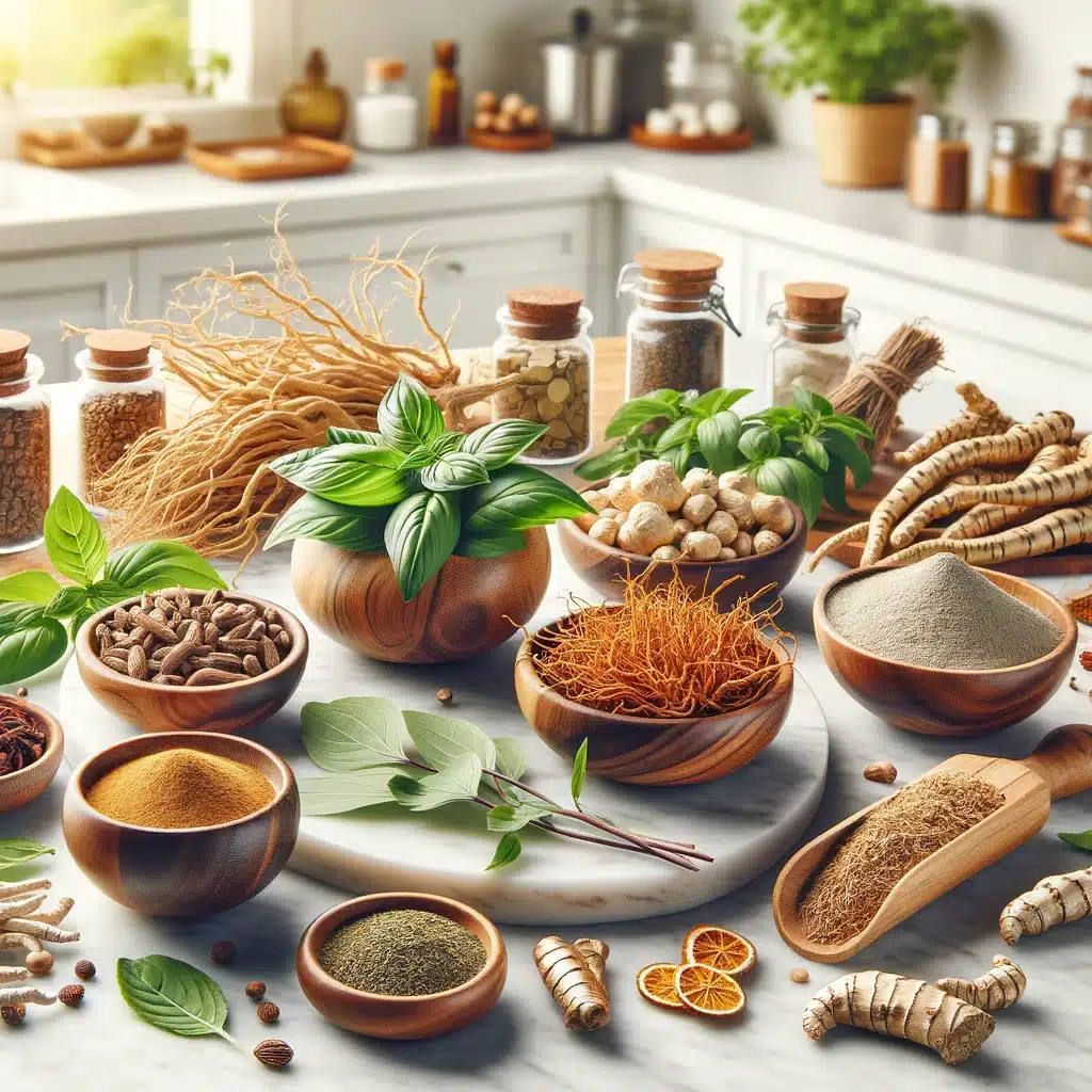 adaptogenic herbs and roots. The image features ashwagandha, rhodiola, holy basil (tulsi), and ginsen