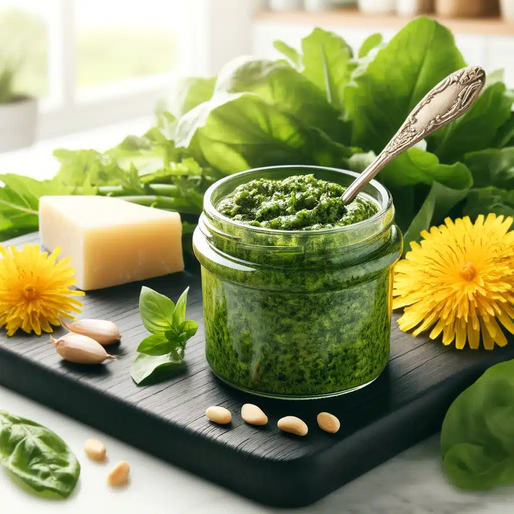 Dandelion pesto with dandelion flower petals. Dandelion detox recipe; kidney detox.