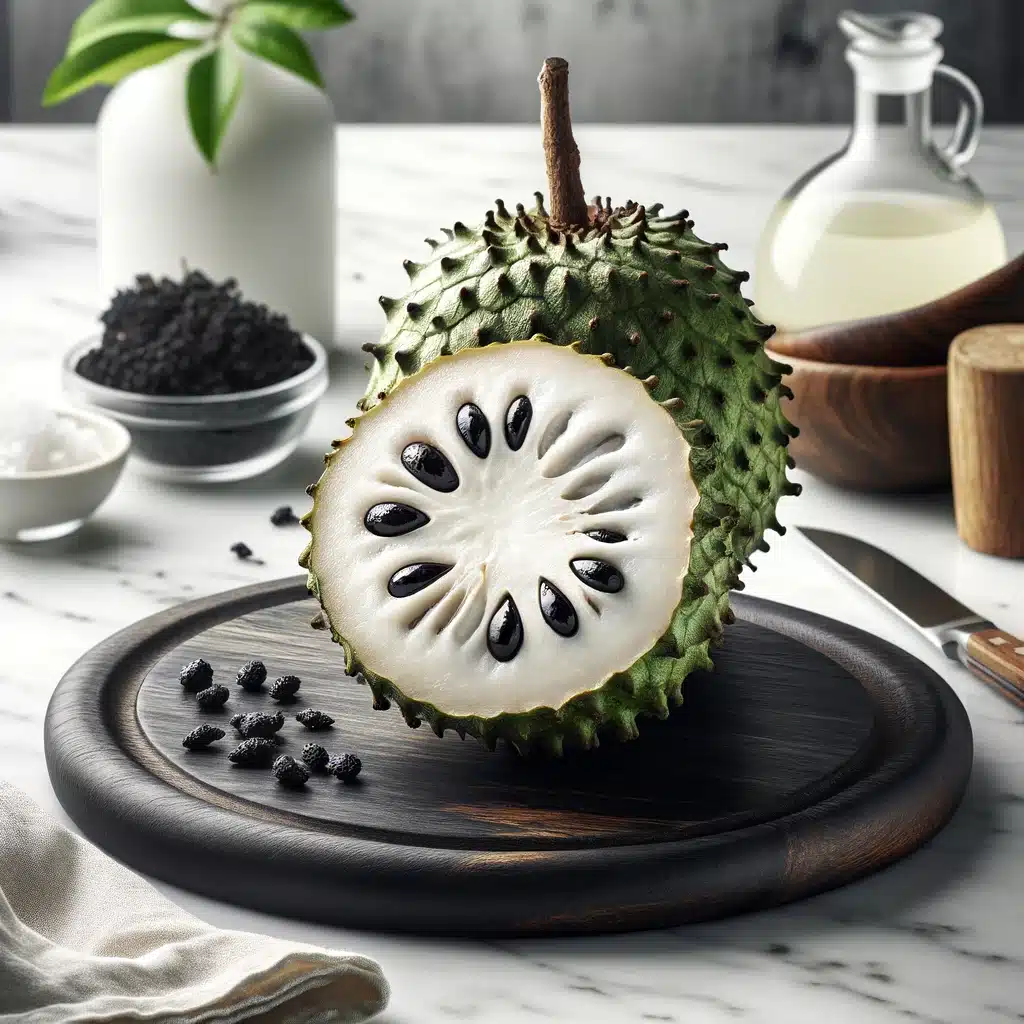 fresh soursop fruit cut open to reveal its white, creamy pulp and black seeds