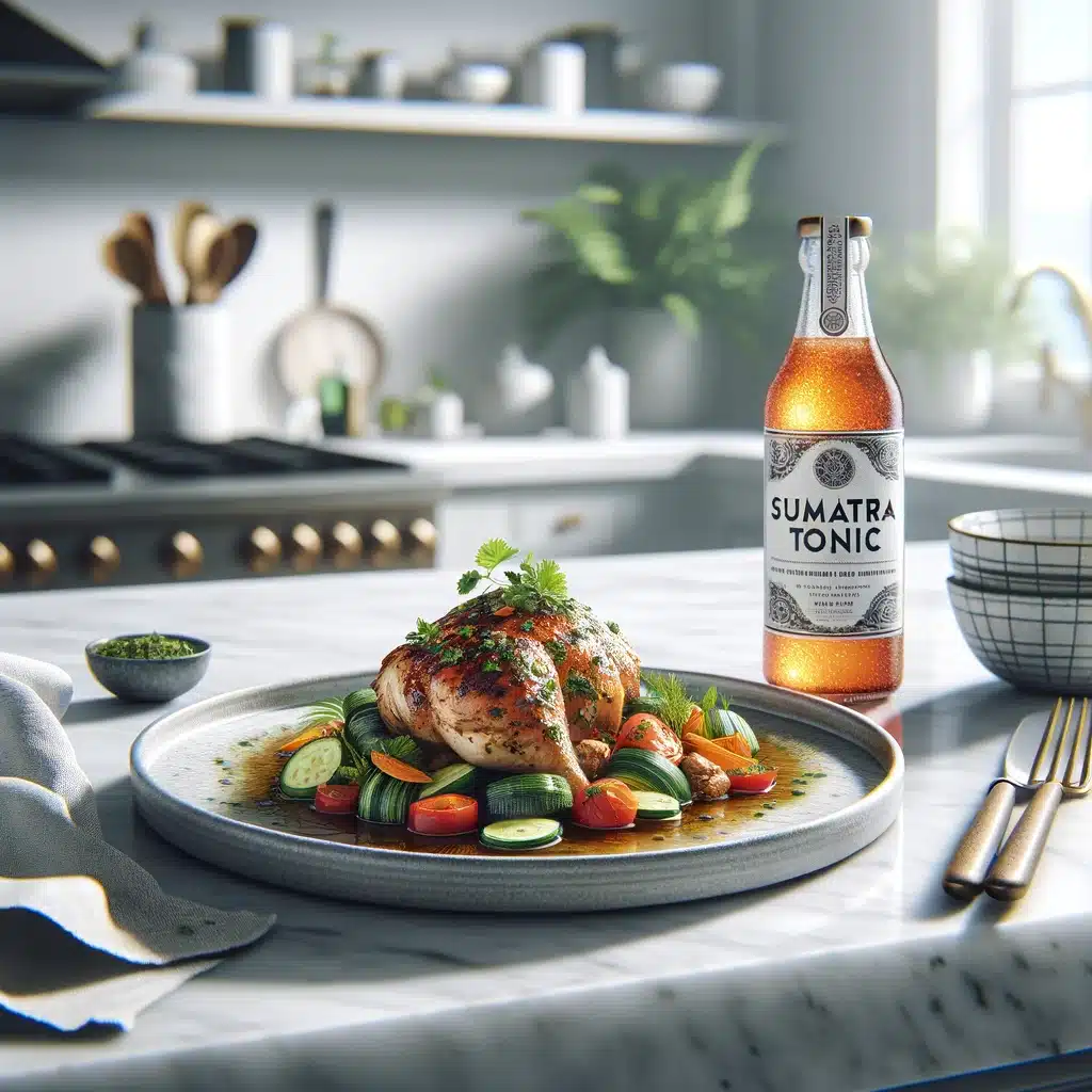 savory dish featuring Sumatra Tonic. The dish is a beautifully plated marinated chicken with vegetables