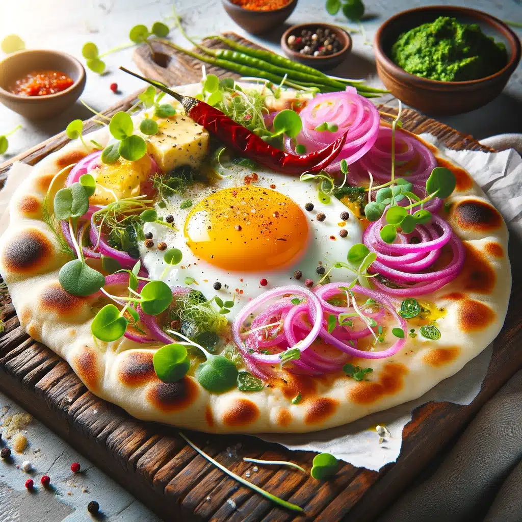 sunny side egg on naan, topped with microgreens, pickled red onions, garlic butter, freshly cracked black pepper, mint chutney