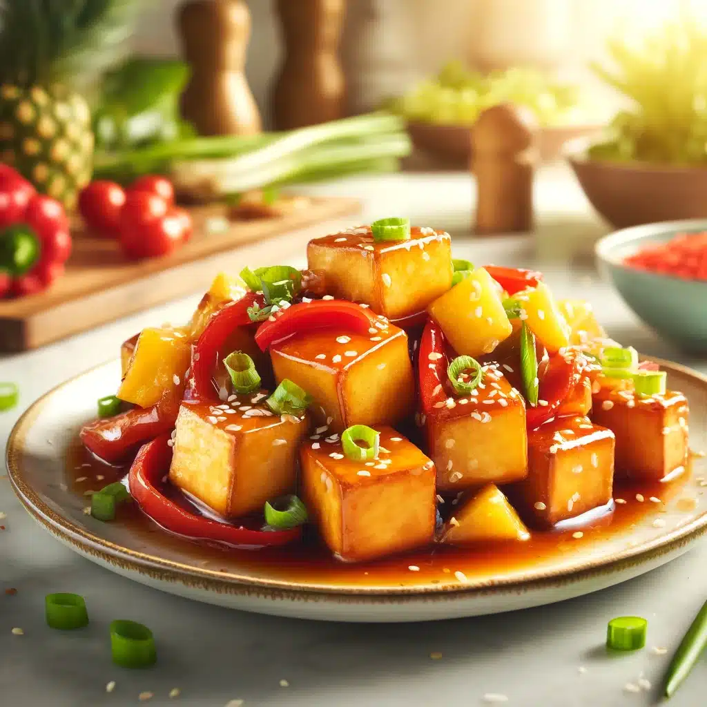 sweet and sour tofu, featuring golden-brown crispy tofu cubes coated in a glossy sweet and tangy sauce