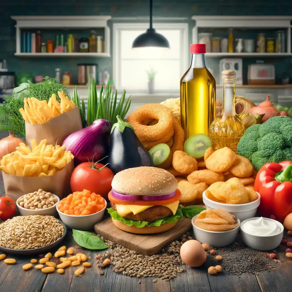 various unhealthy foods high in seed oils, such as chips, fast food items, and processed snacks. heart health, avoid seed oils