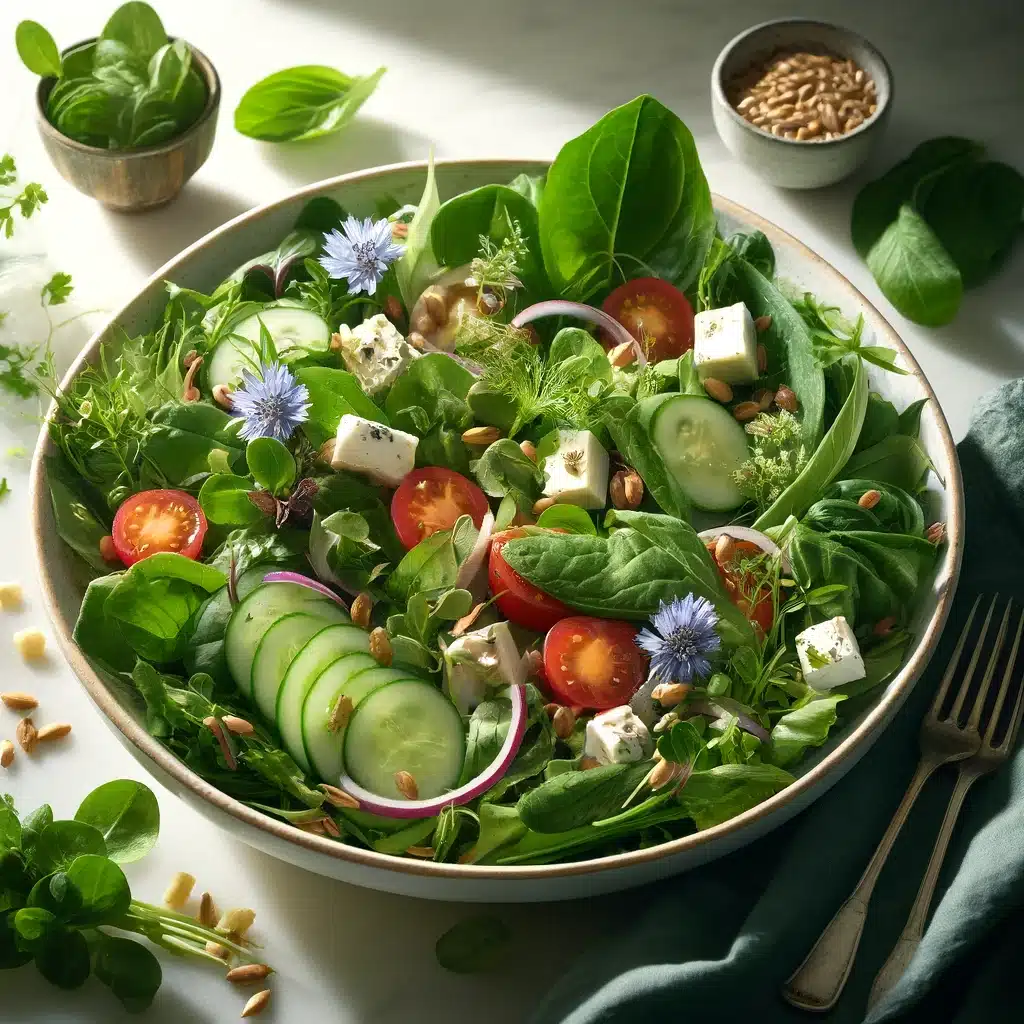 vibrant field greens salad, includes a variety of wild greens such as dandelion greens, chickweed