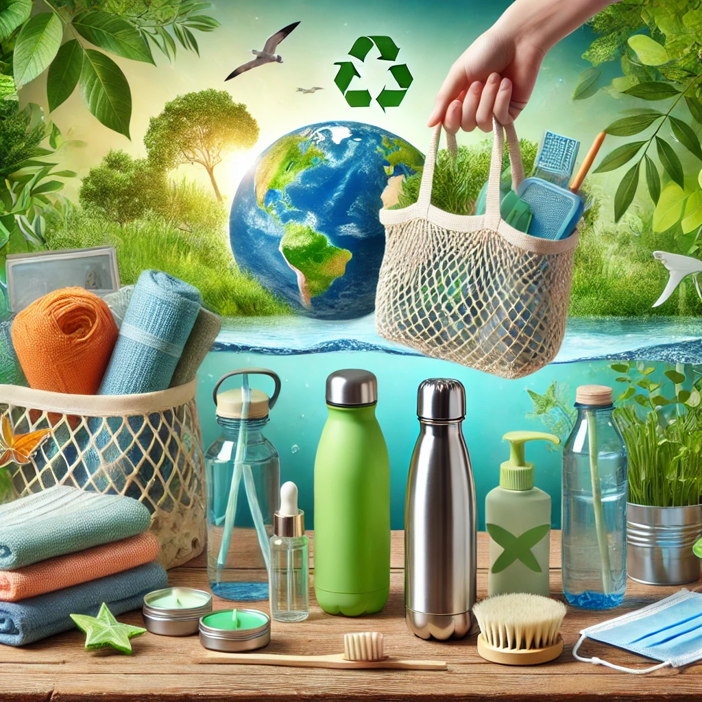 A person practicing eco-friendly habits to reduce microplastics, including using reusable bags, stainless steel water bottles, natural personal care_Full Body Cleanse