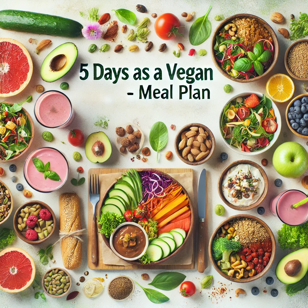 5 Days as a Vega: A Meal Plan. The image showcases the raw, fresh and vibrant meals and snacks for the meal plan.