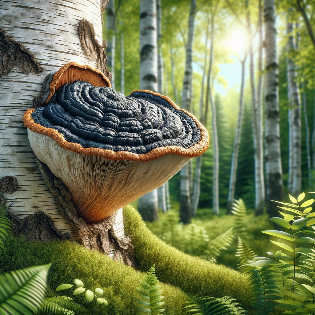 Chaga Mushroom, a medicinal, adaptogen and nootropic wonder as seen in nature growing on a birch tree.