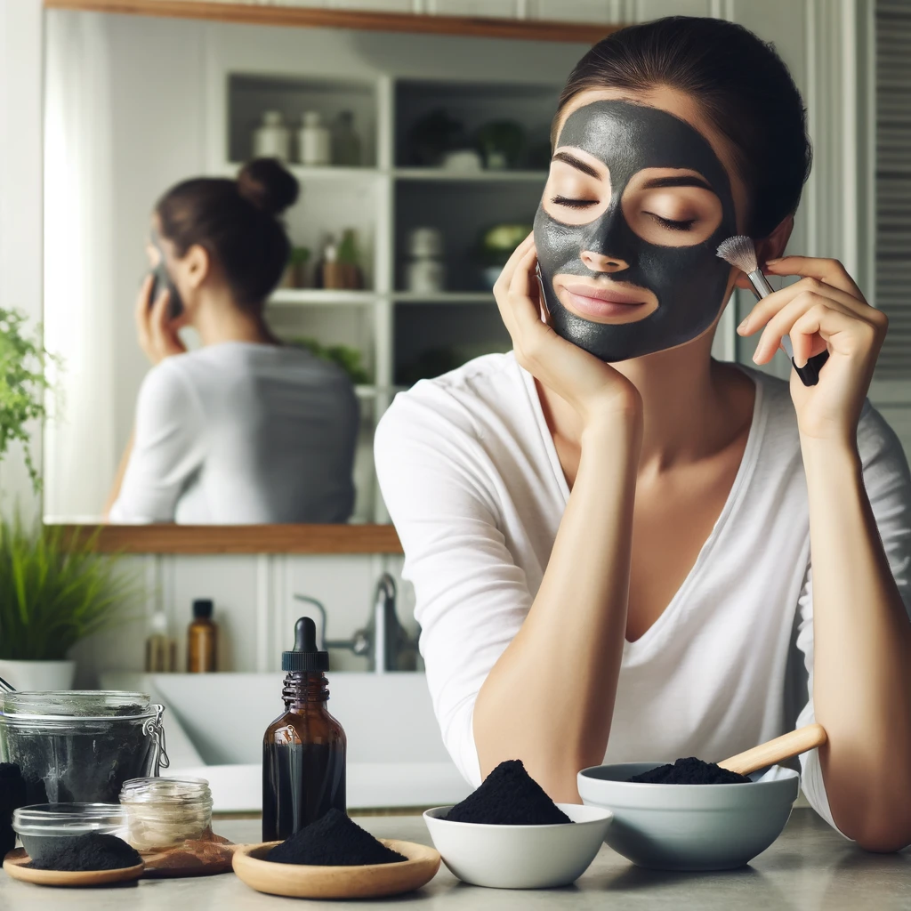 Free DIY Charcoal Face Peel Face Mask Recipe. Showing the ingredients and the finished mix with the woman applying the charcoal face peel.