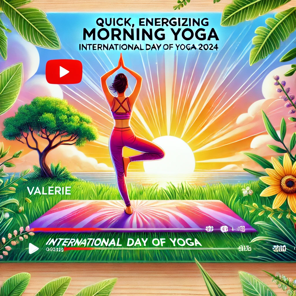 Free Yoga Session for International Day of Yoga 2024_A vibrant, inviting scene for a yoga video thumbnail. Show a serene morning setting with a yoga mat on a grassy area, with the sun rising in the backg.