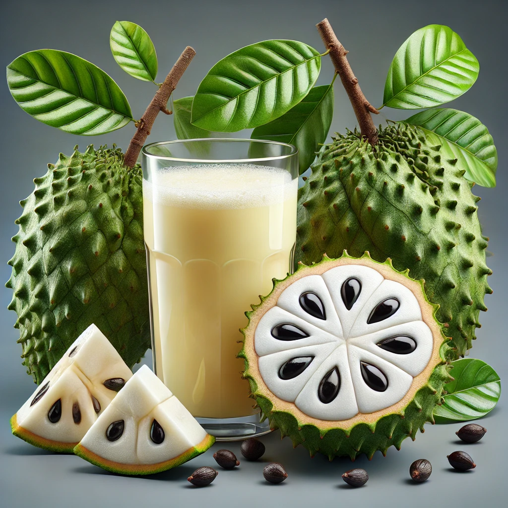 artistic representation of soursop in multiple forms_ a glass of soursop juice, a whole soursop fruit, a soursop cut open to show its white flesh.