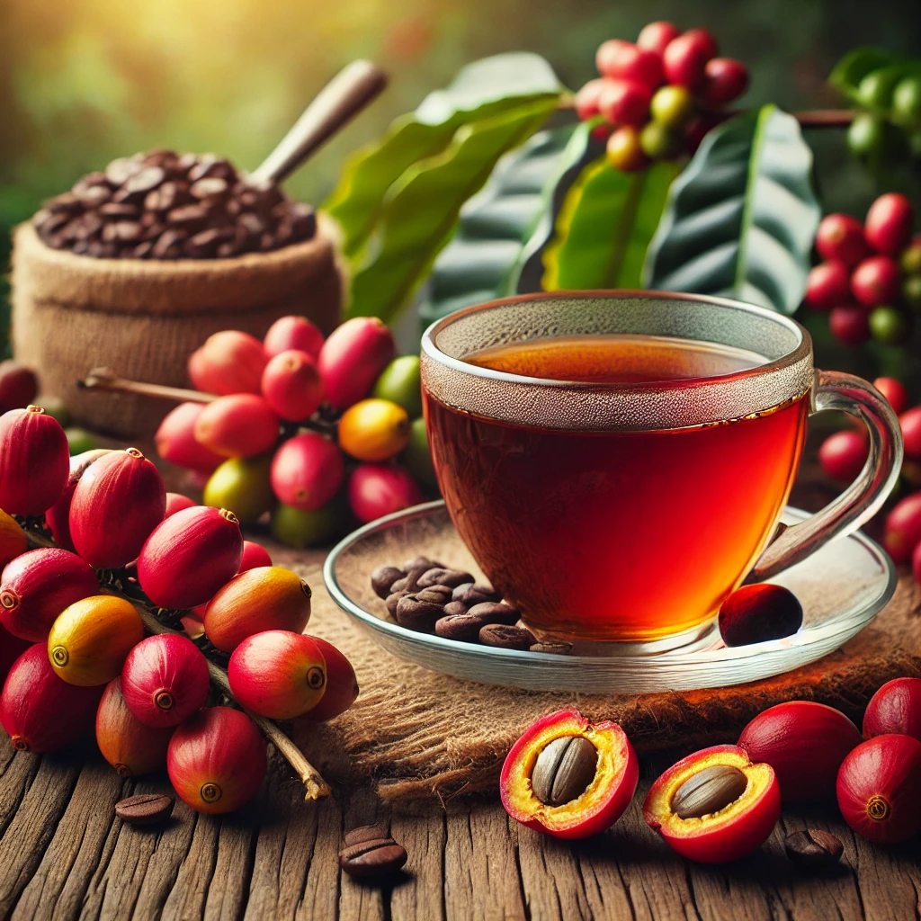 A fresh cup of cascara tea on a wooden table with coffee fruits (coffee cherries) beside it. The tea is a rich amber color, and the coffee cherries husks make coffee cherry tea called cascara