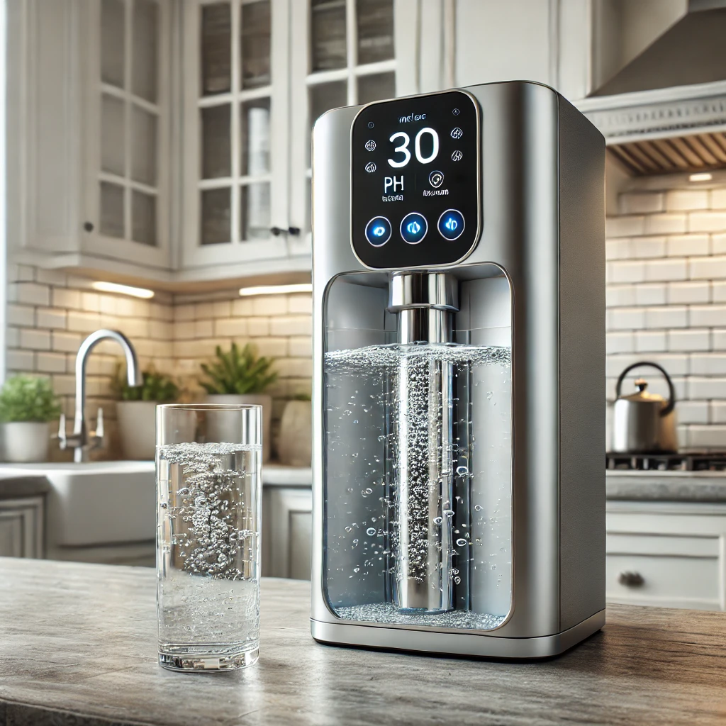 modern water ionizer on a kitchen counter showing the process of ionization and hydrogenation