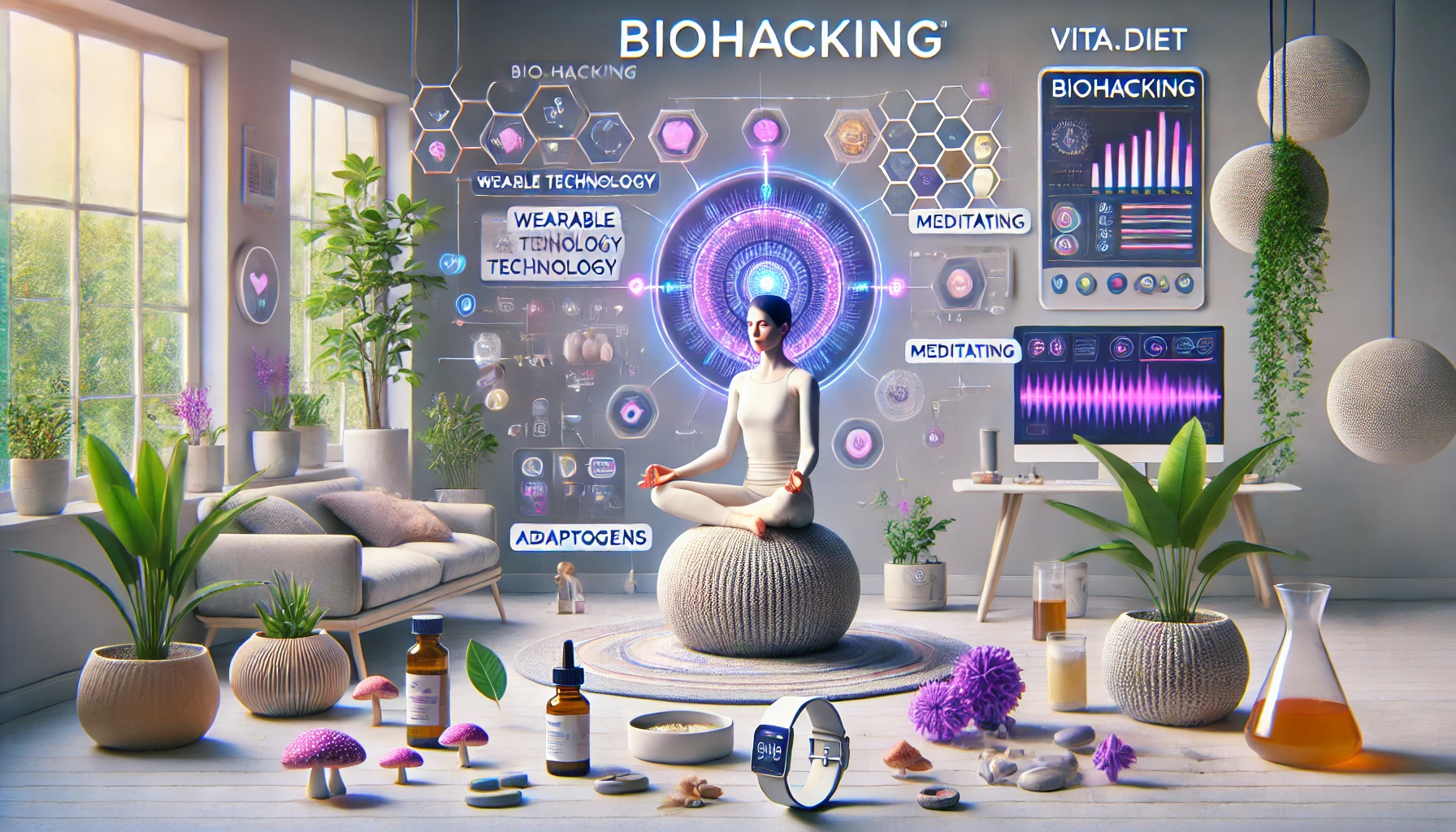 All the pillars of biohacking which include sleep, adaptogens, exercise, stress management, focus and diet or nutrition for optimizing yourself_biohack to optimal health