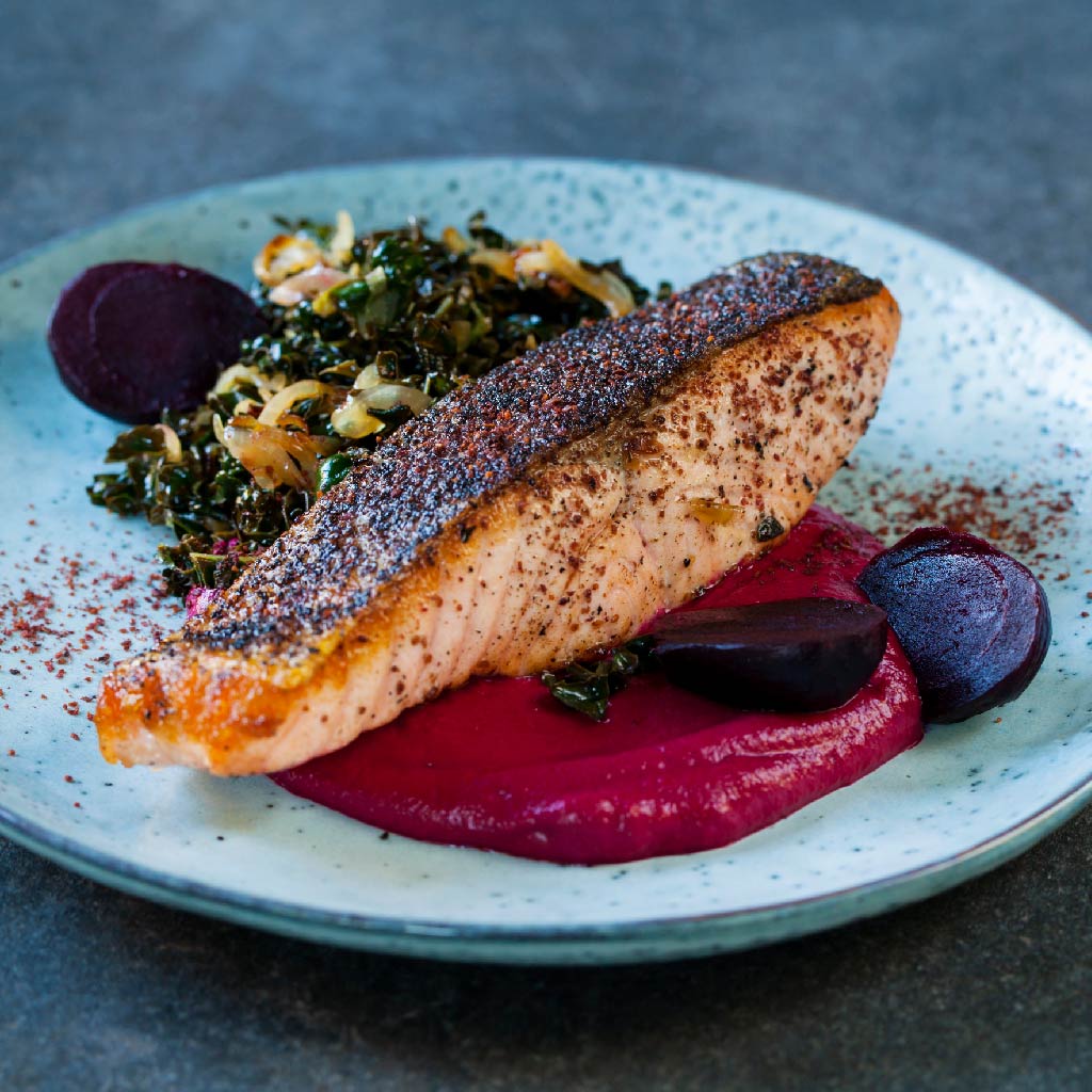 Sumac Spiced Salmon with Beetroot Puree and Fried Kale - Delicious 7 Day Weight Loss Meal Plan and Detox