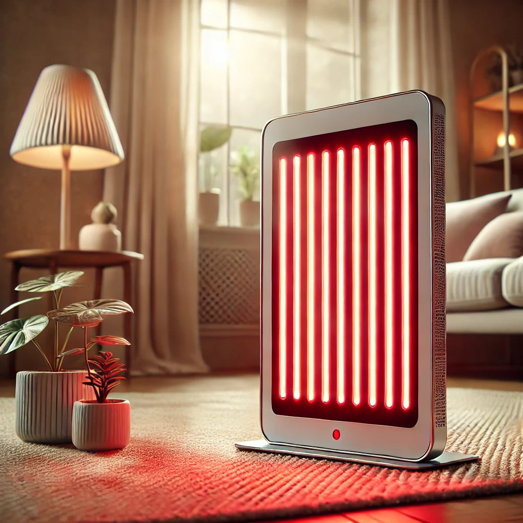 infrared light therapy panel emitting a red glow in a cozy, modern home setting, highlighting the rejuvenating and anti-aging benefits of infrared light therapy.